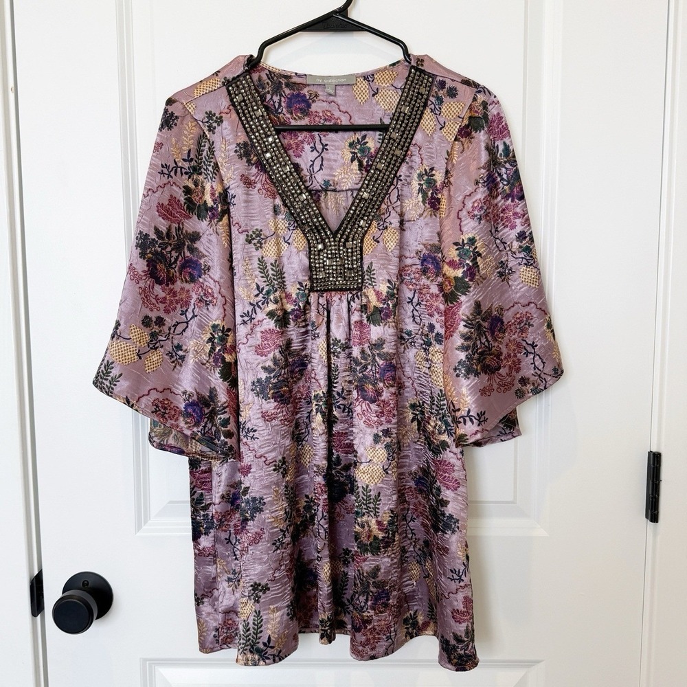 NY Collection Womens Purple Beaded Top Large Classic Elegant Boho Flare Sleeve